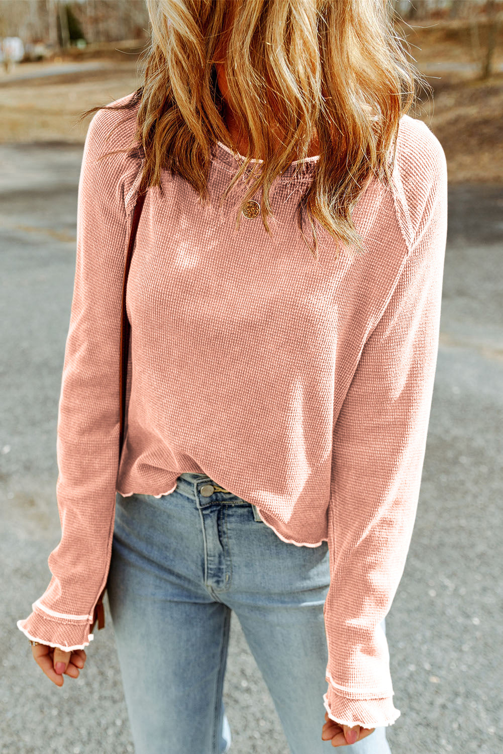 Fiery Red Textured Round Neck Long Sleeve Top eAura