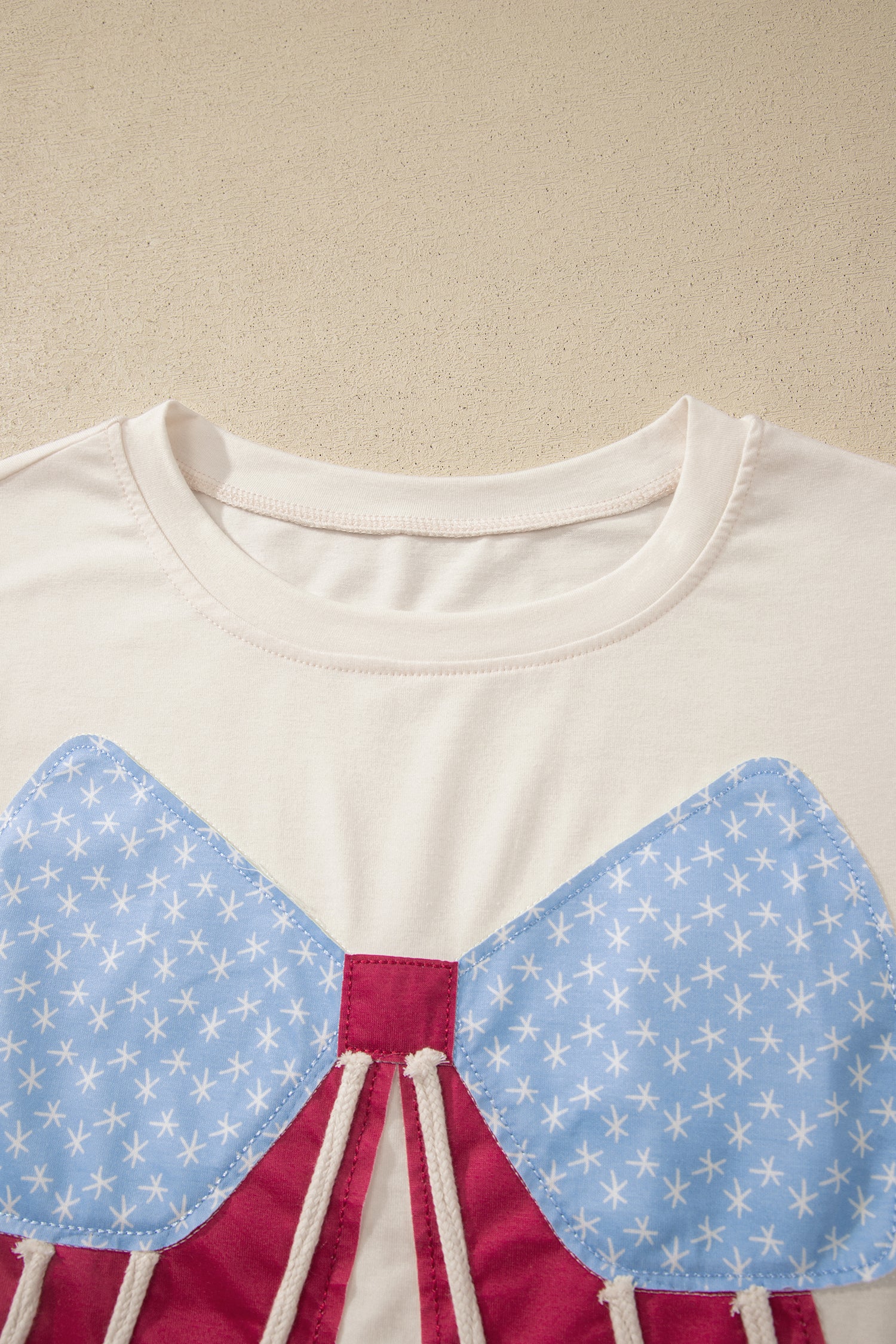 White Loose Knit Vintage Flag Bow Patched T-Shirt