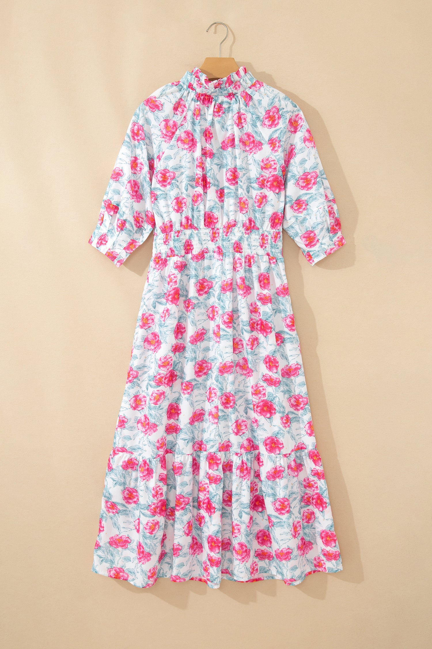Floral Tie V-Neck Puff Sleeve Ruffle Tiered Midi Dress