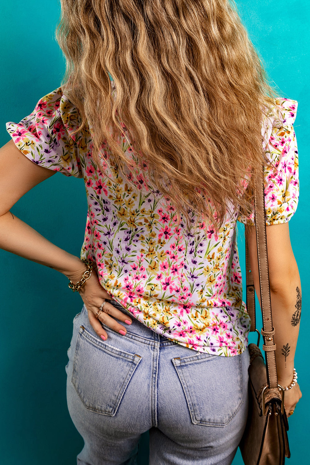 Pink Floral Puff Short Sleeve Crewneck Blouse eAura