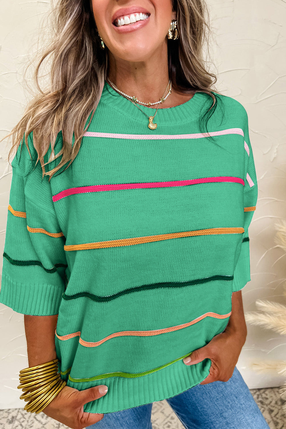 Striped Half Sleeve Drop Shoulder Sweater eAura