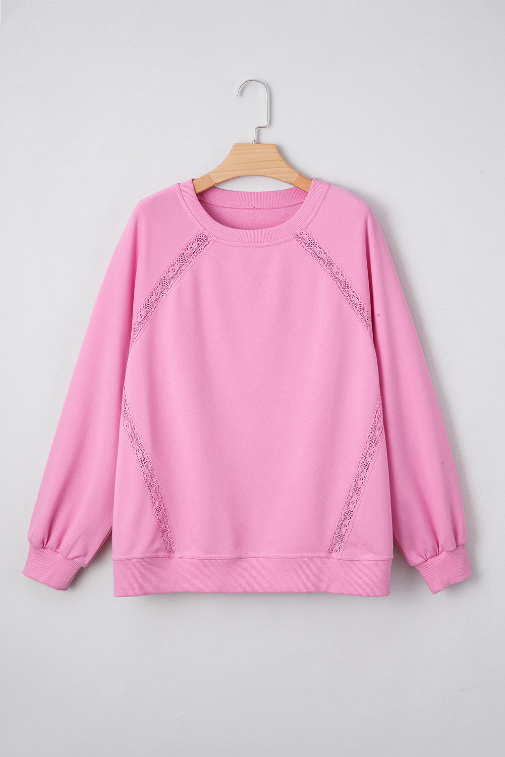 Pink Lace Patched Raglan Sleeve Loose Fit Sweatshirt