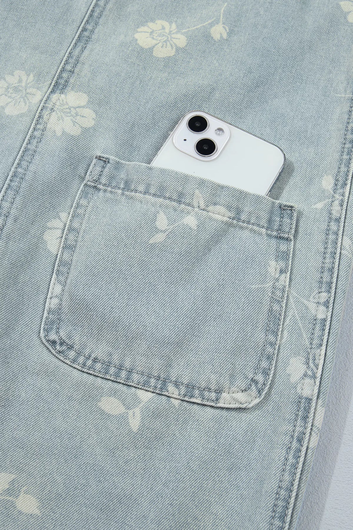 Sky Blue Retro Wash Denim Floral Print Overall Mini Dress – Light Blue