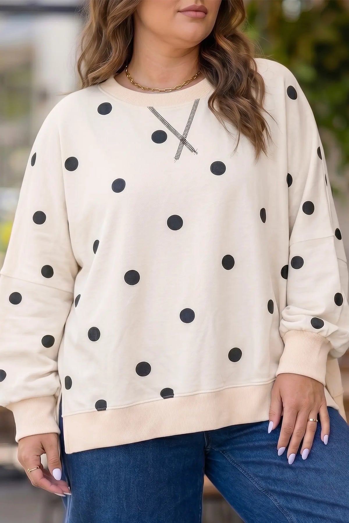 Round Neck Long Sleeve Polka Dot Plus Size Top – Beige