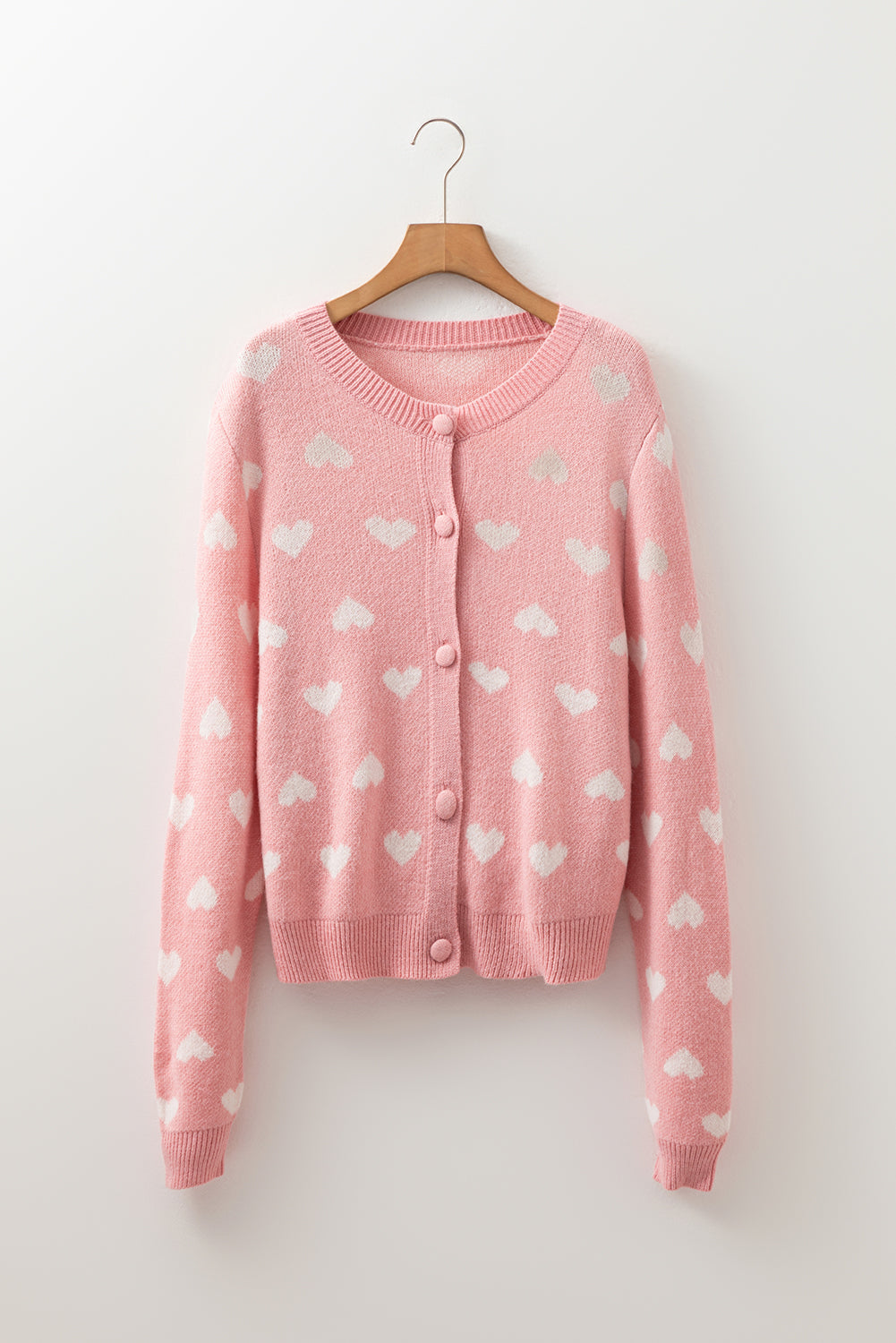 Light Pink Heart Pattern Button Front Cardigan Sweater eAura