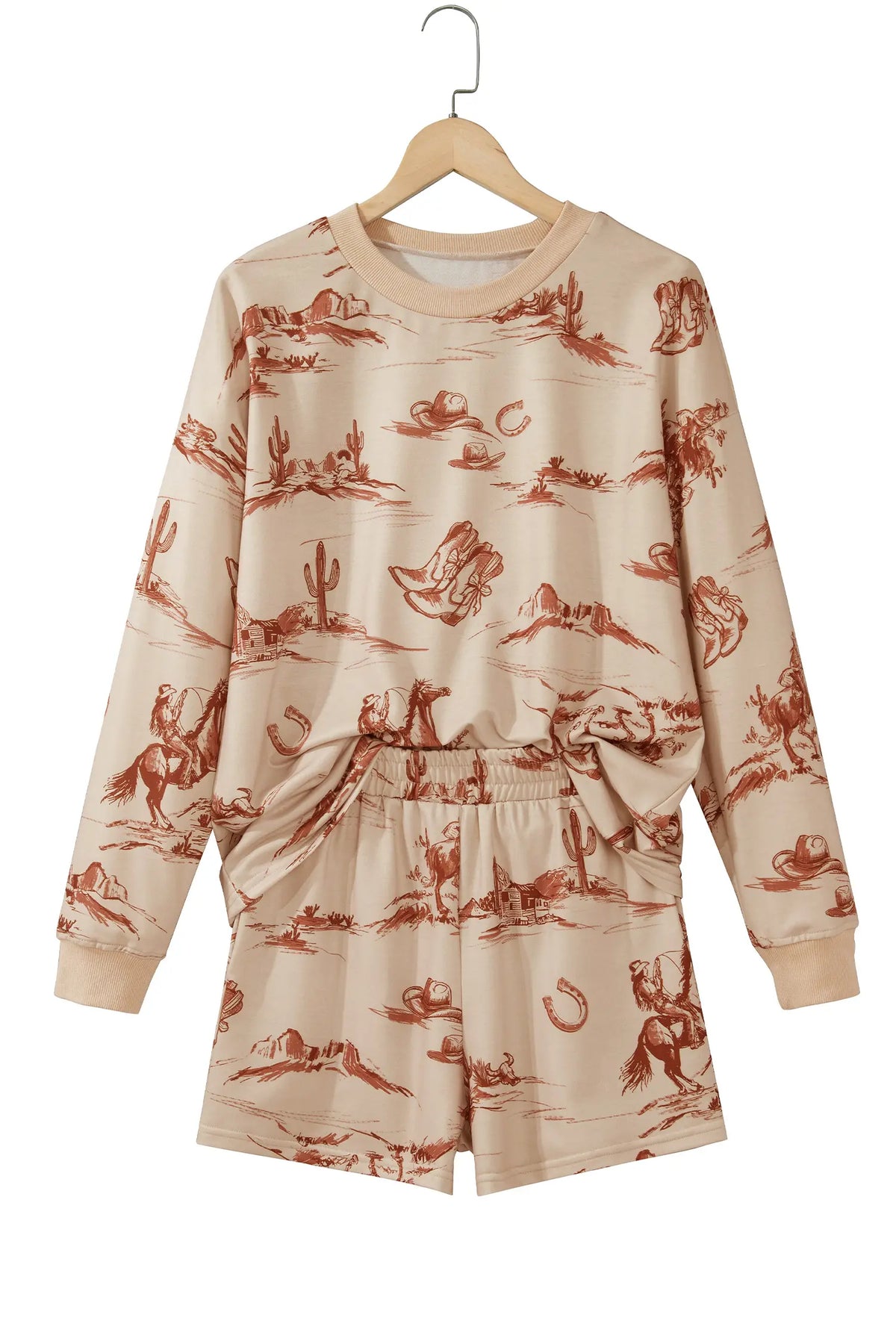 Western Print Loose Fit Long Sleeve Top Short Set – Beige