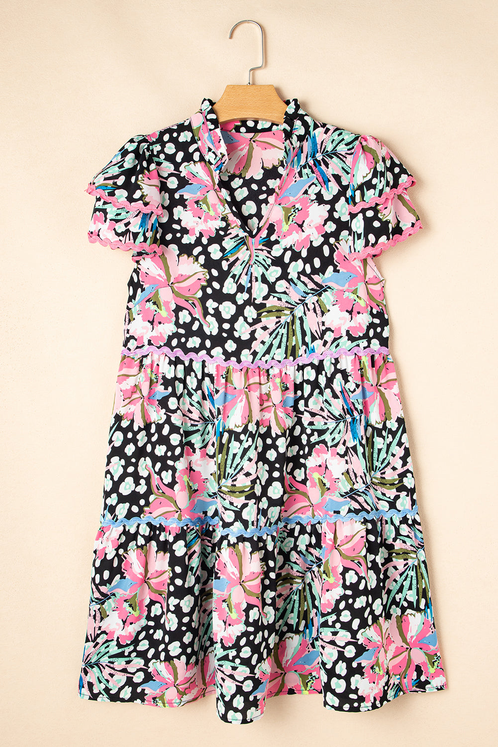 Pink Floral Ricrac Embellished Tiered Mini Dress eAura