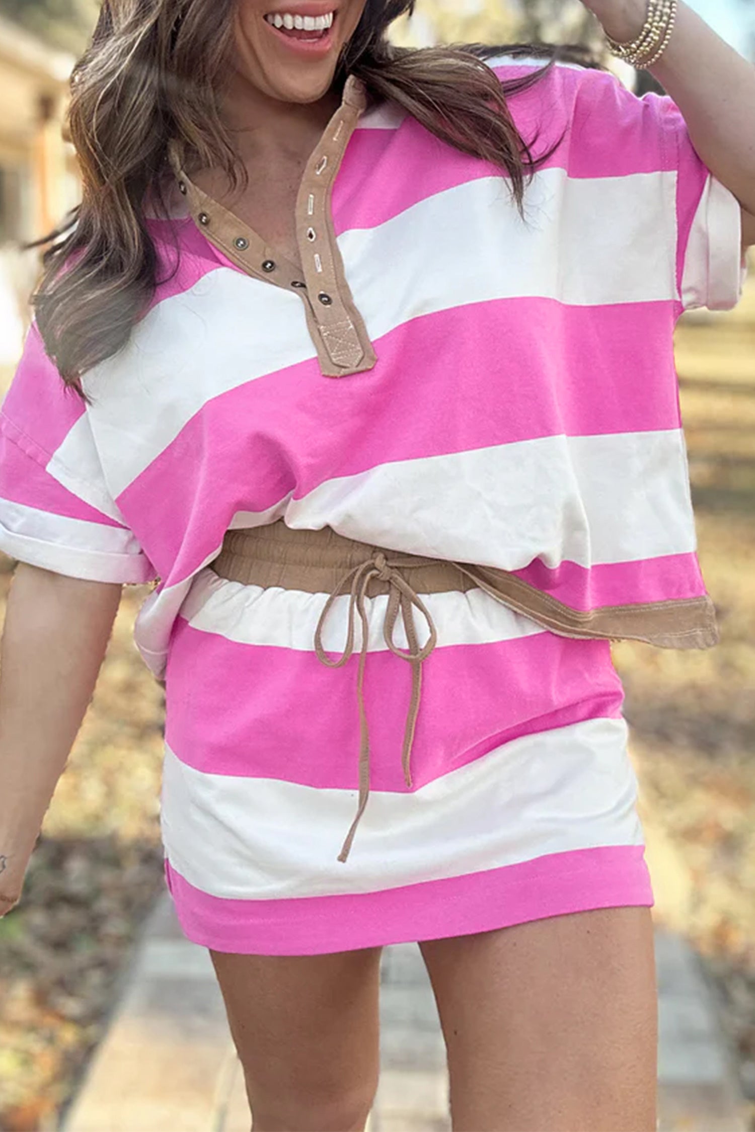 Colorblock Trim Polo Tee Drawstring Mini Skort 2pcs Set – Rose Stripe