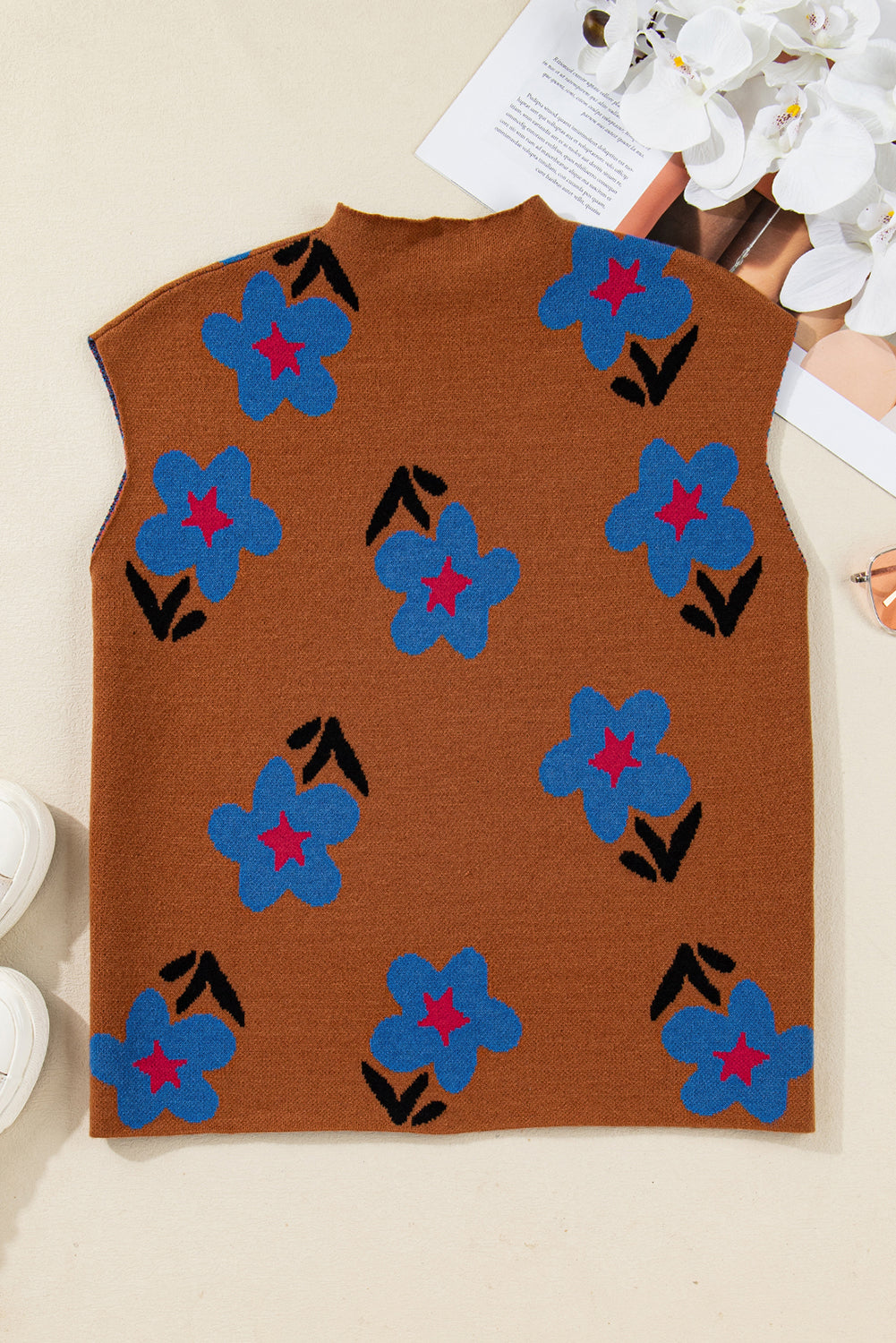 Floral High Neck Sweater Vest - Sweaters & Cardigans/Sweater Vests