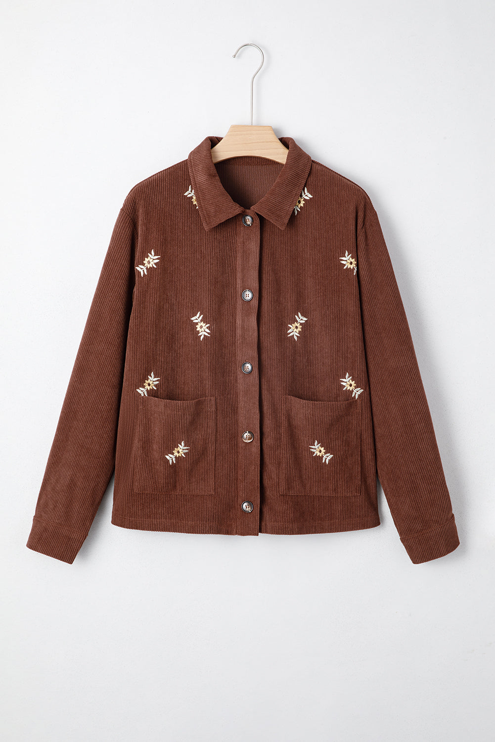 Floral Embroidered Collar Button Front Soft Corduroy Jacket eAura