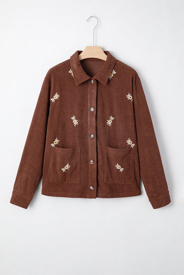 Floral Embroidered Collar Button Front Soft Corduroy Jacket - eAura
