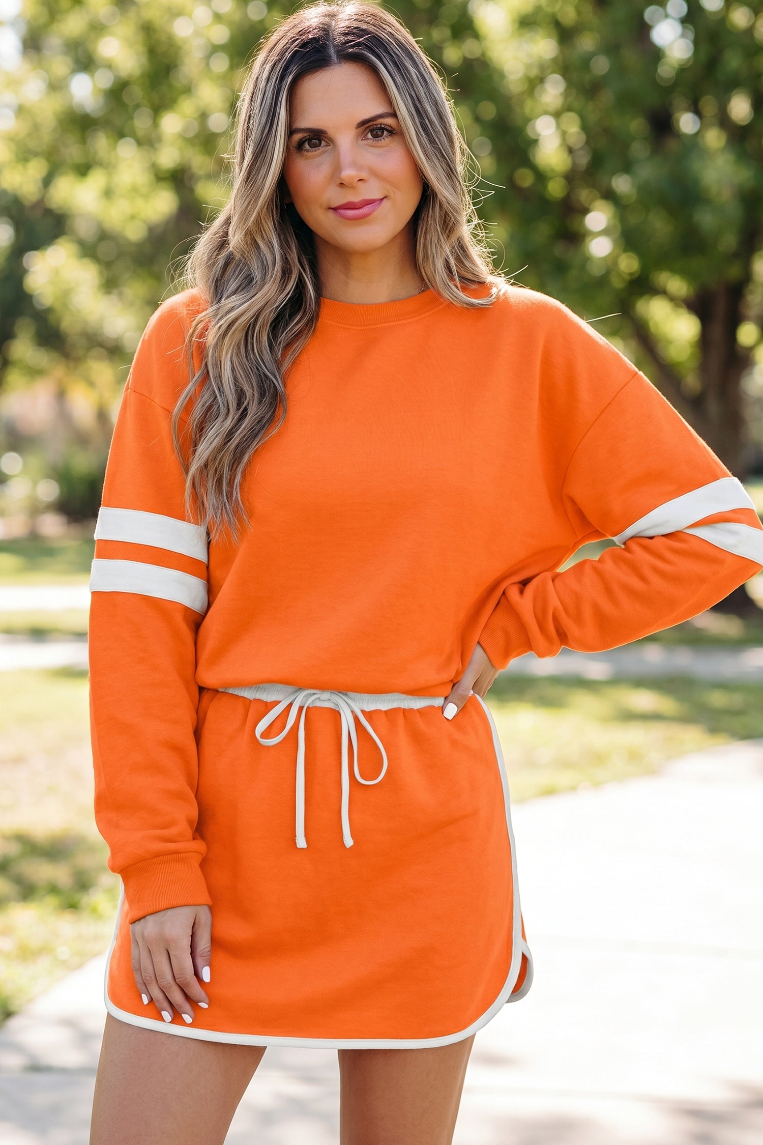 Varsity Stripe Detail Drop Shoulder Pullover Mini Skort Co-ord Set