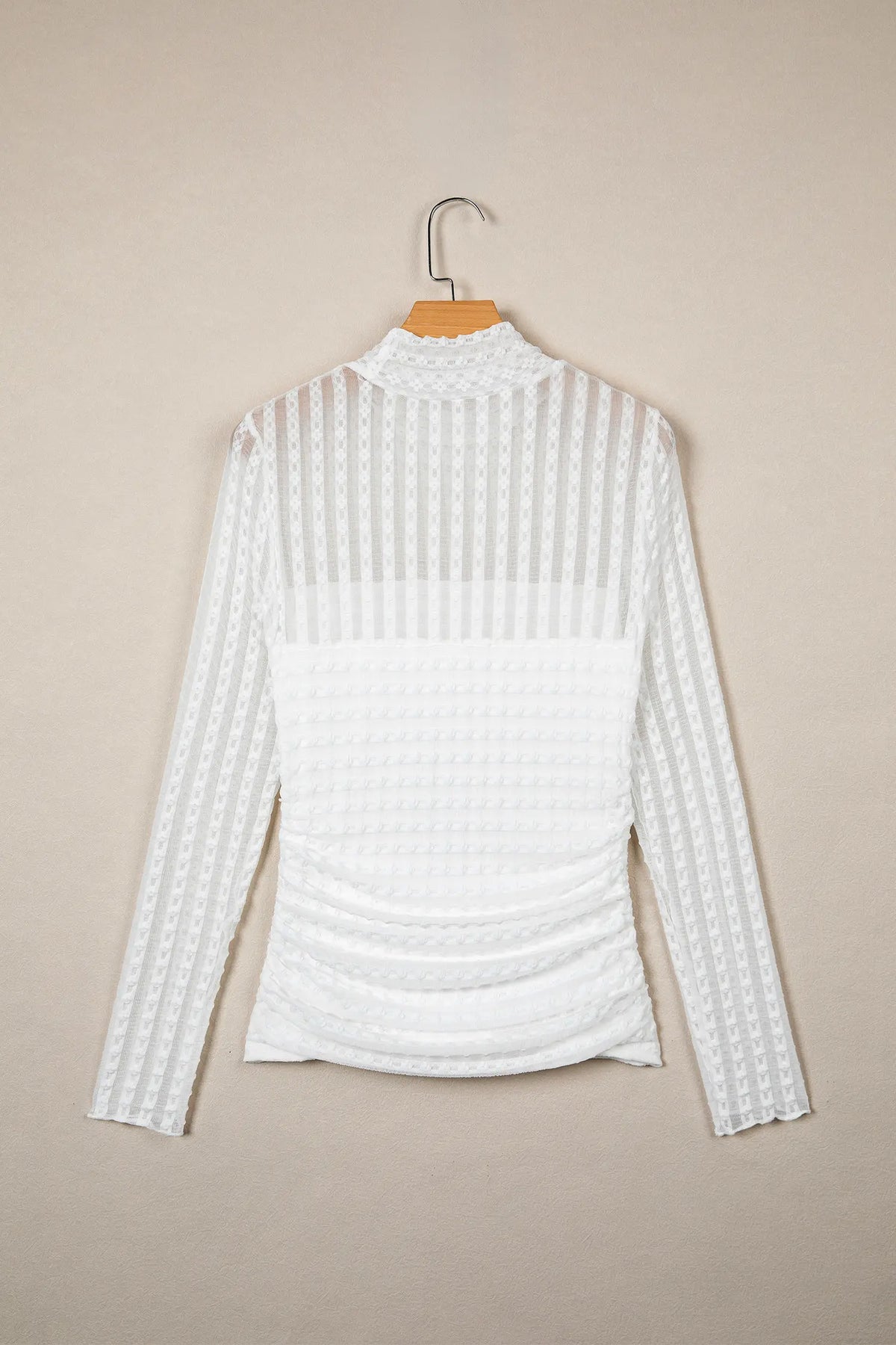 Textured Sheer Lace High Neck Long Sleeve Top – Beige