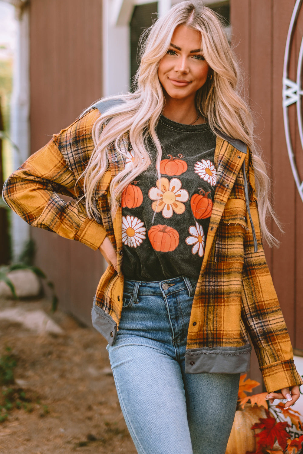 Orange Plaid Patch Hooded Frayed Snap Button Jacket eAura