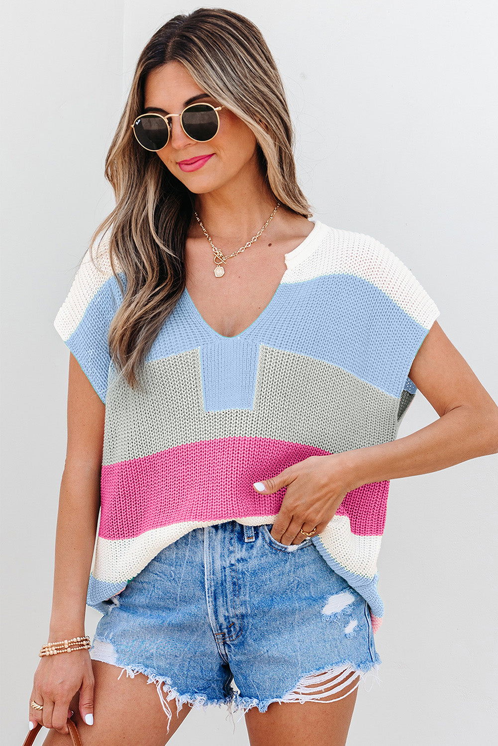 Light Blue V Neck Sweater Top eAura