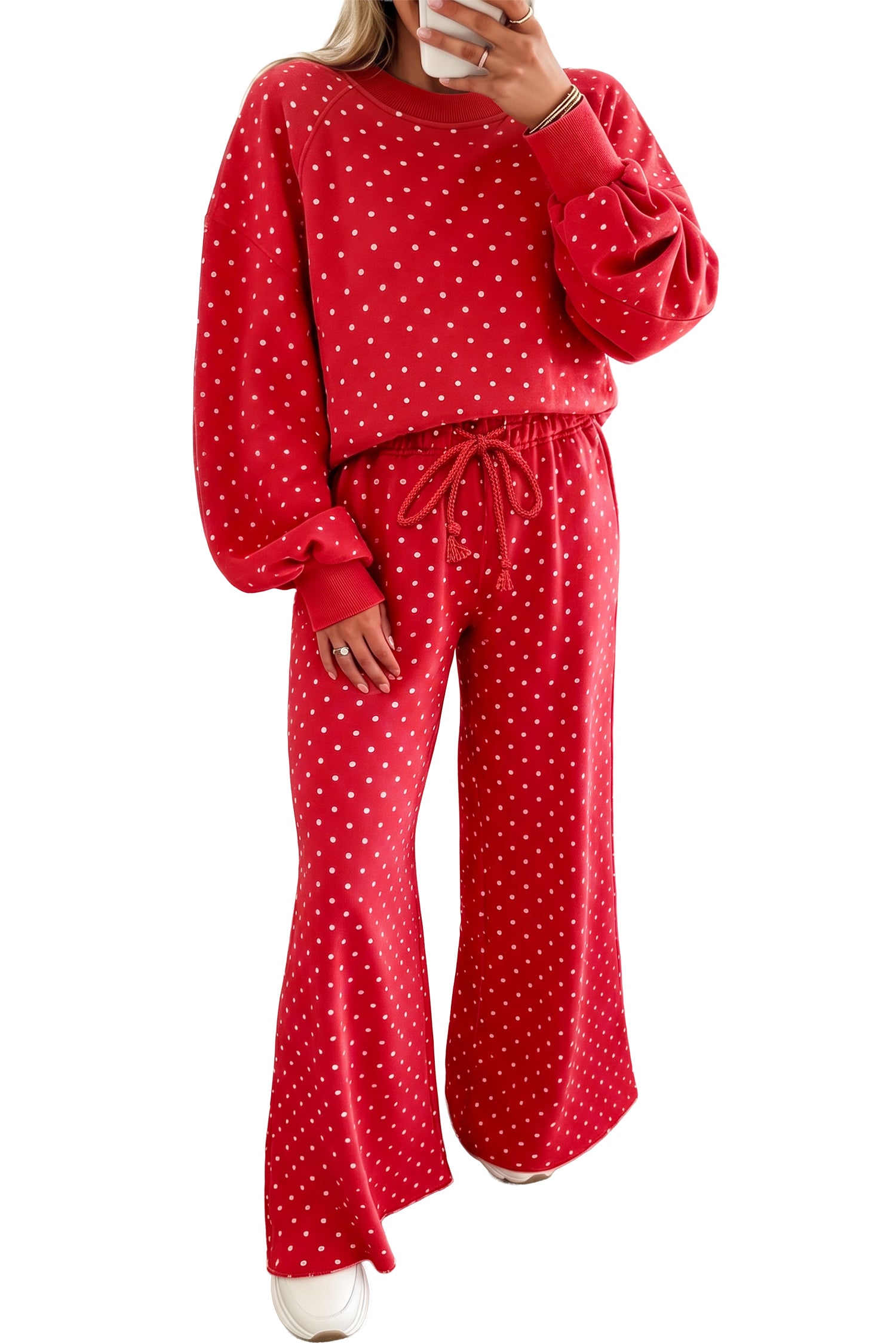 Polka Dot Drawstring Wide Leg Long Sleeve Top Pant Set – Red