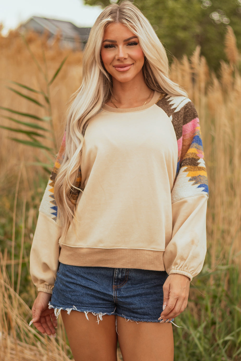Aztec Patchwork Raglan Pullover Sweatshirt - eAura