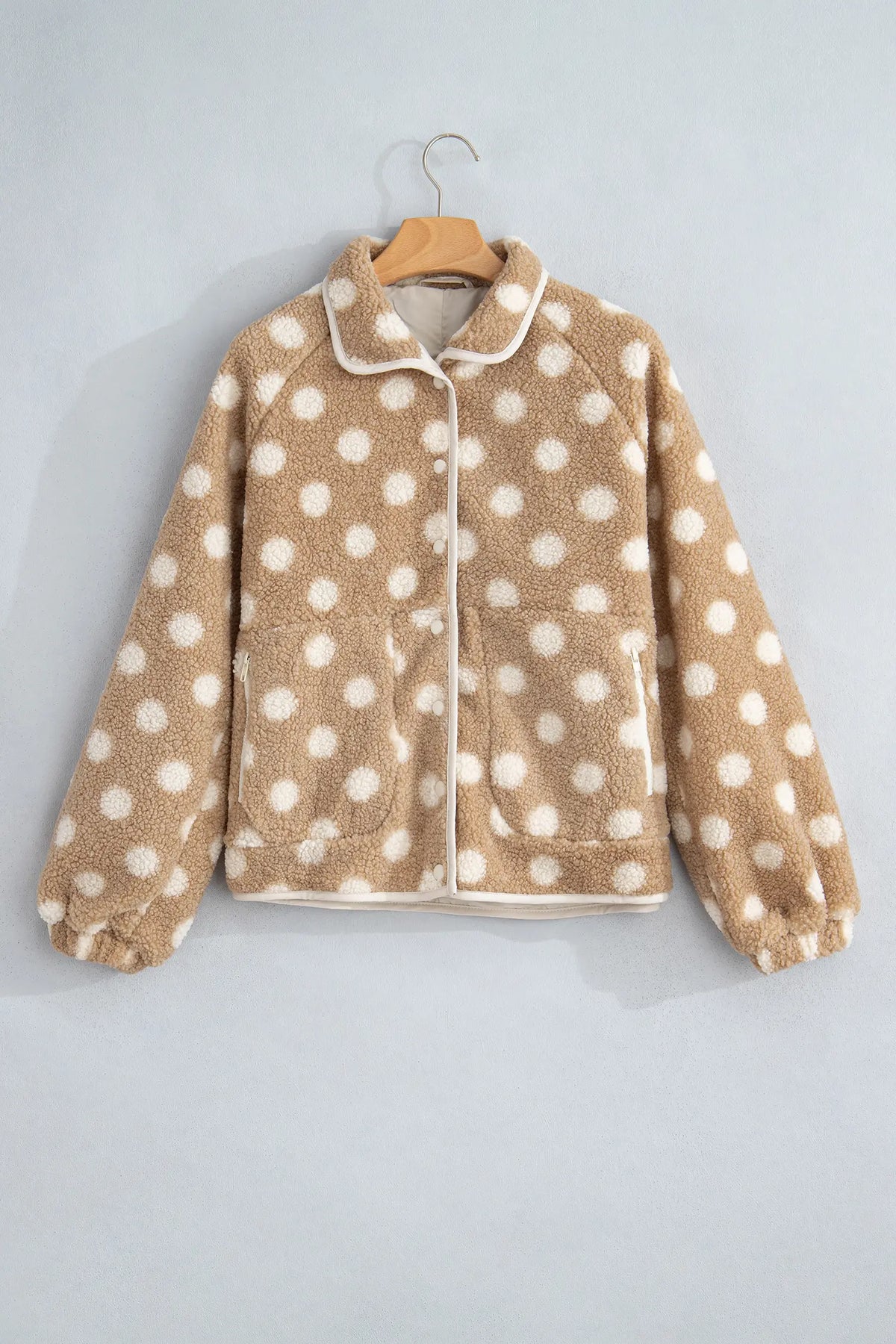 Faux Fur Jacket with Polka Dots and Metal Button Placket