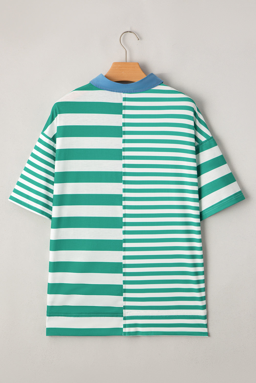 Green Stripe Colourblock Collar Half Buttons T Shirt eAura