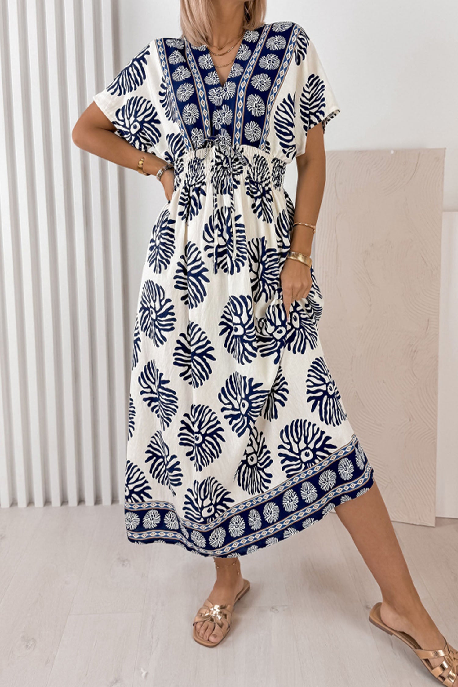 Boho Floral Print Contrast Patchwork V Neck Dolman Maxi Dress – Blue