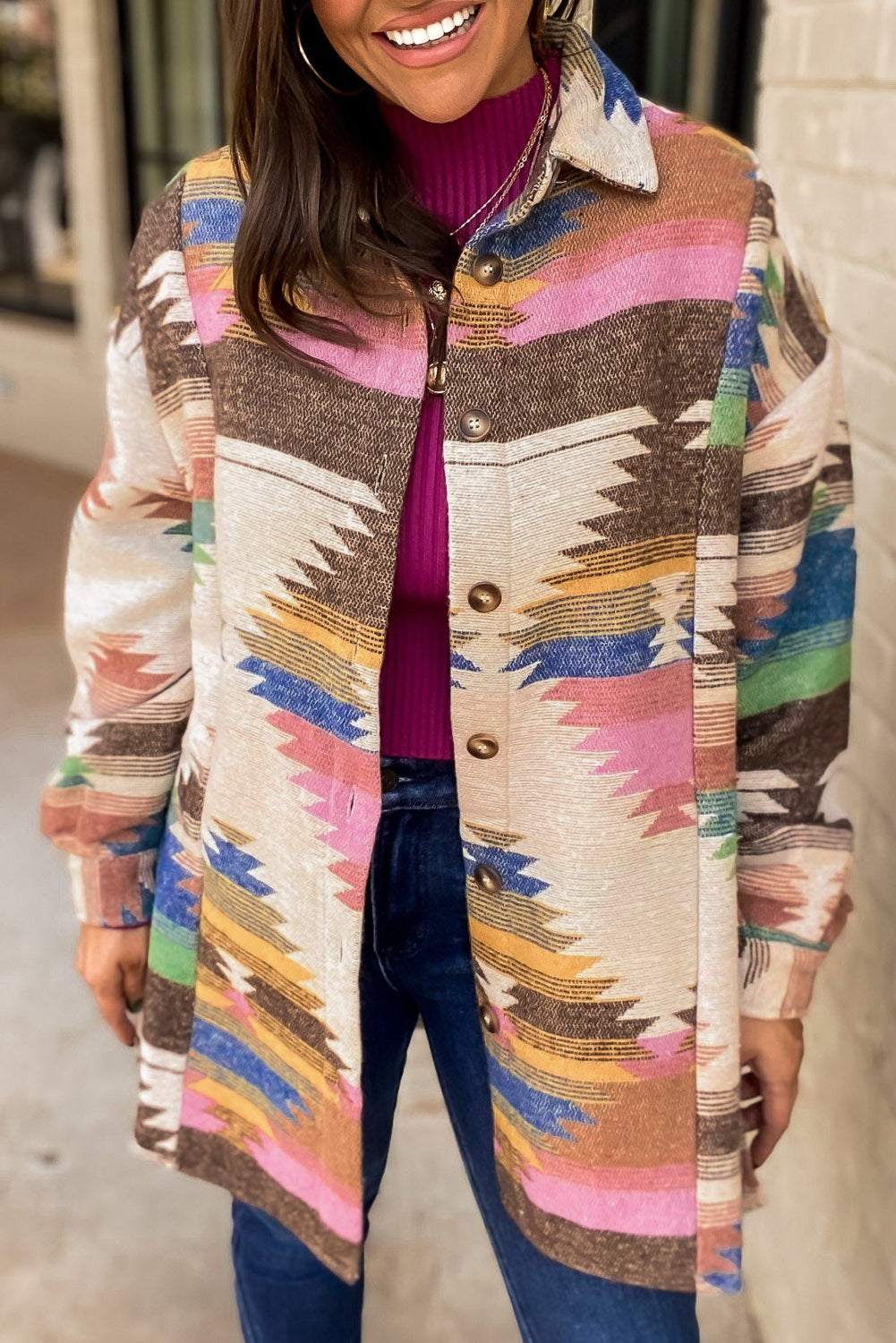 White Aztec Print Button Up Shacket eAura