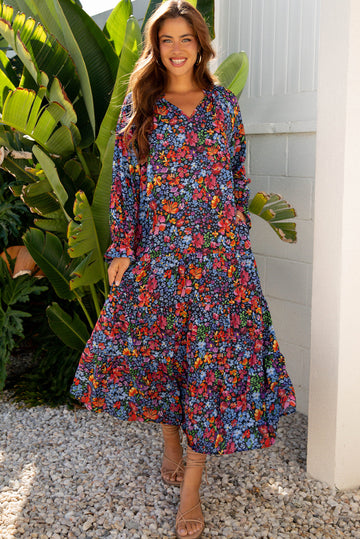 Floral Print Tassel Tie V-Neck Long Sleeve Flowy Long Dress - eAura