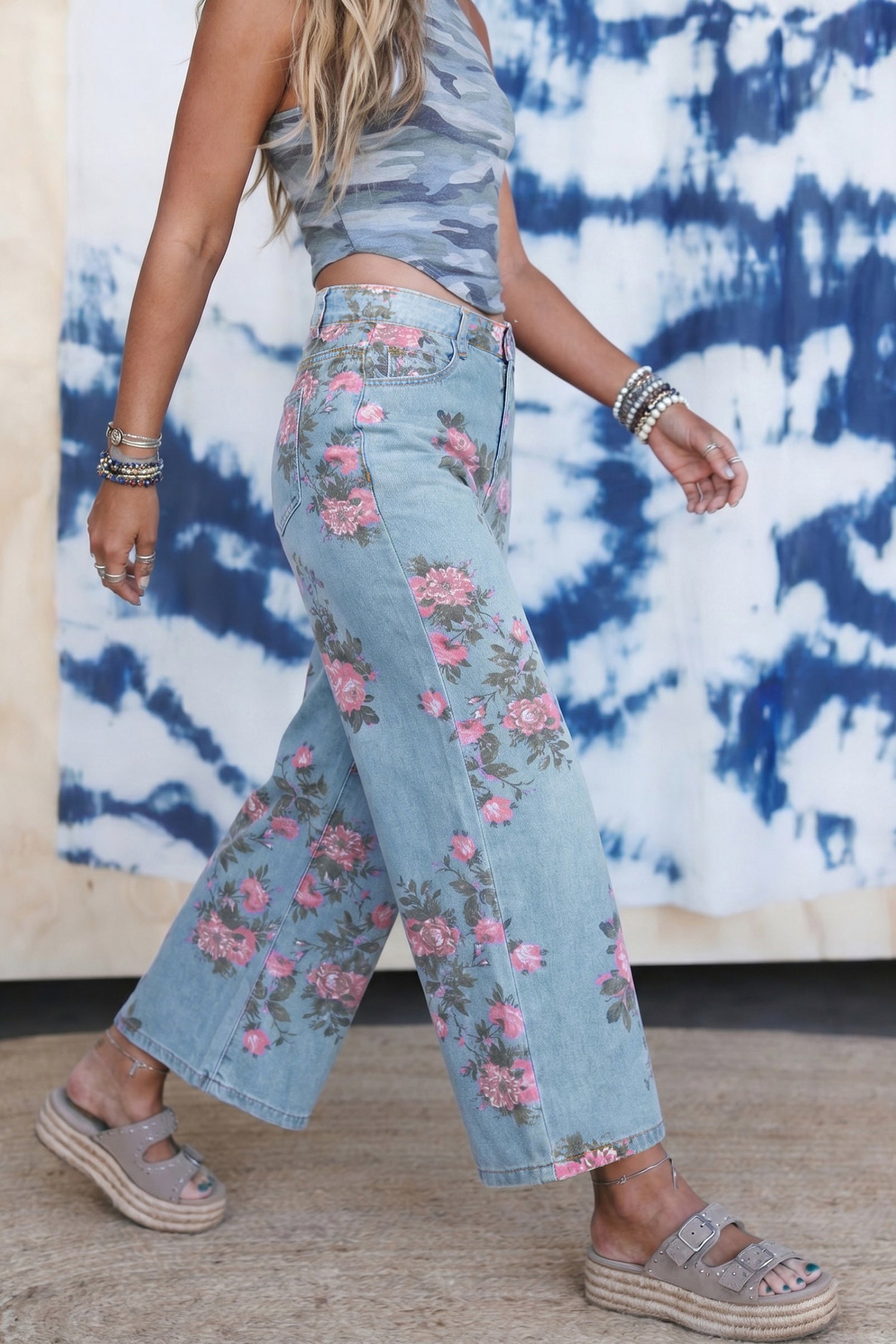 Floral Print Bootcut Jeans – Sky Blue Denim