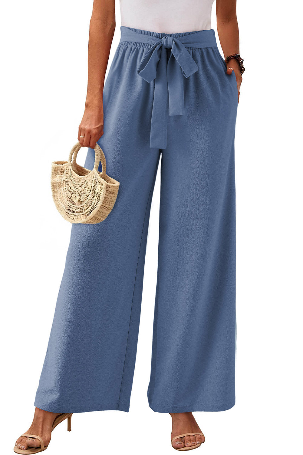 Coffee High Waisted Tie Front Side Pocket Wide Leg Flowy Casual Pants Dear-Lover Dropshipping