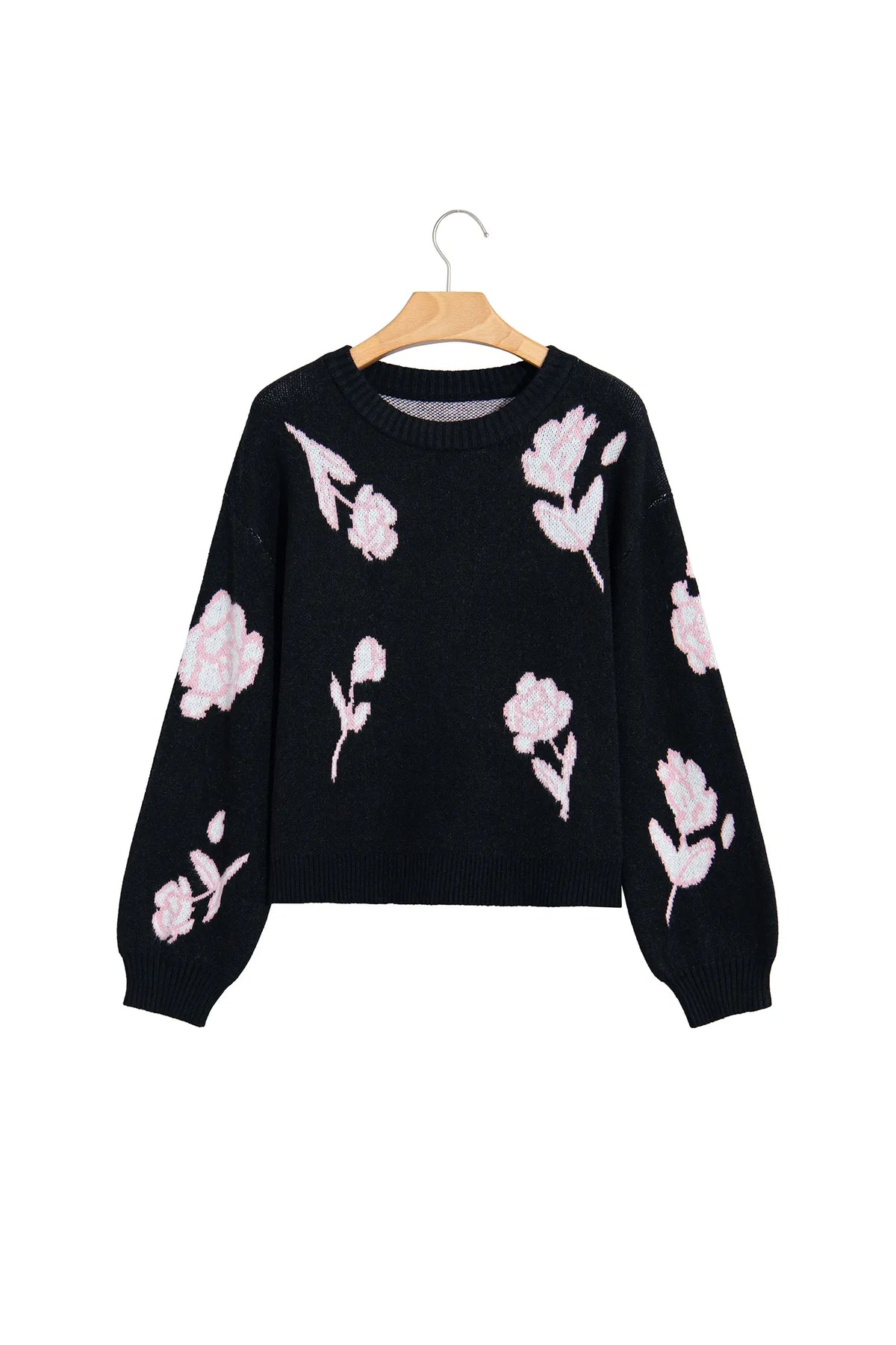 Floral Pattern Puff Sleeve Dropped Shoulder Pullover Sweater – Black