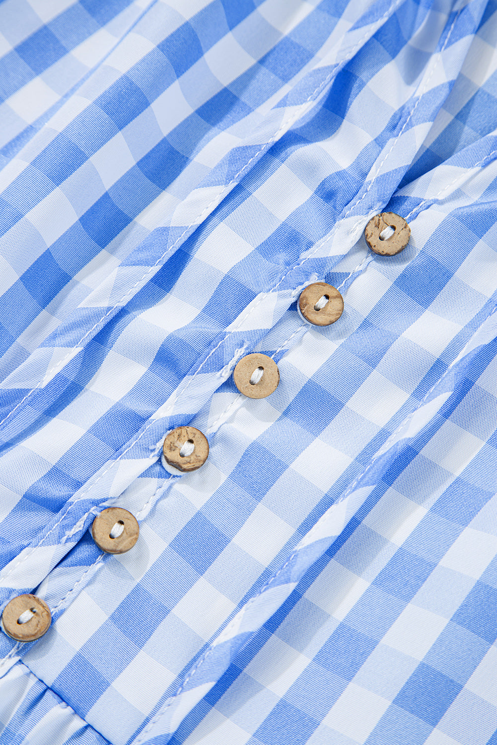 Sky Blue Gingham Short Sleeve Button Tie Split Neck Loose Mini Dress eAura