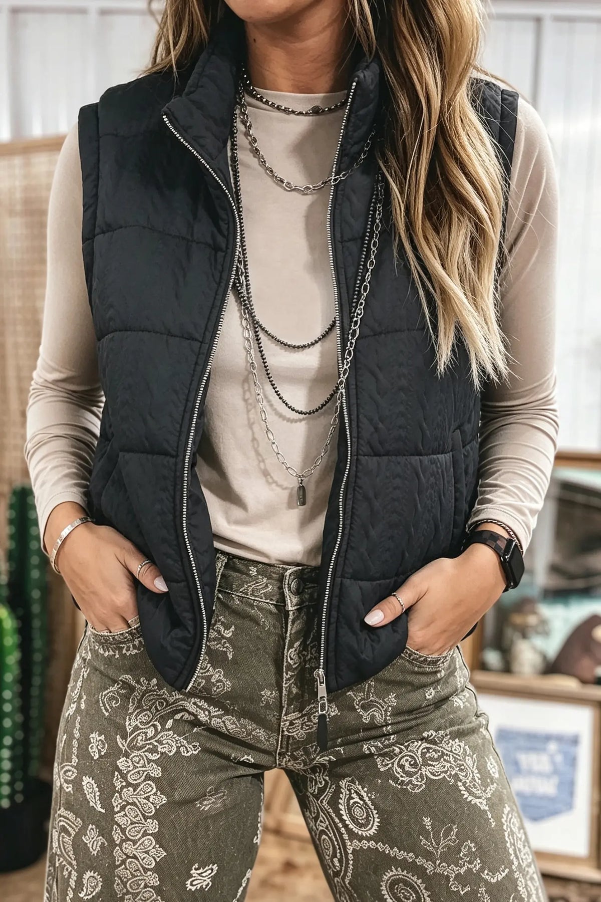 Quilted Stand-Neck Zipper Vest