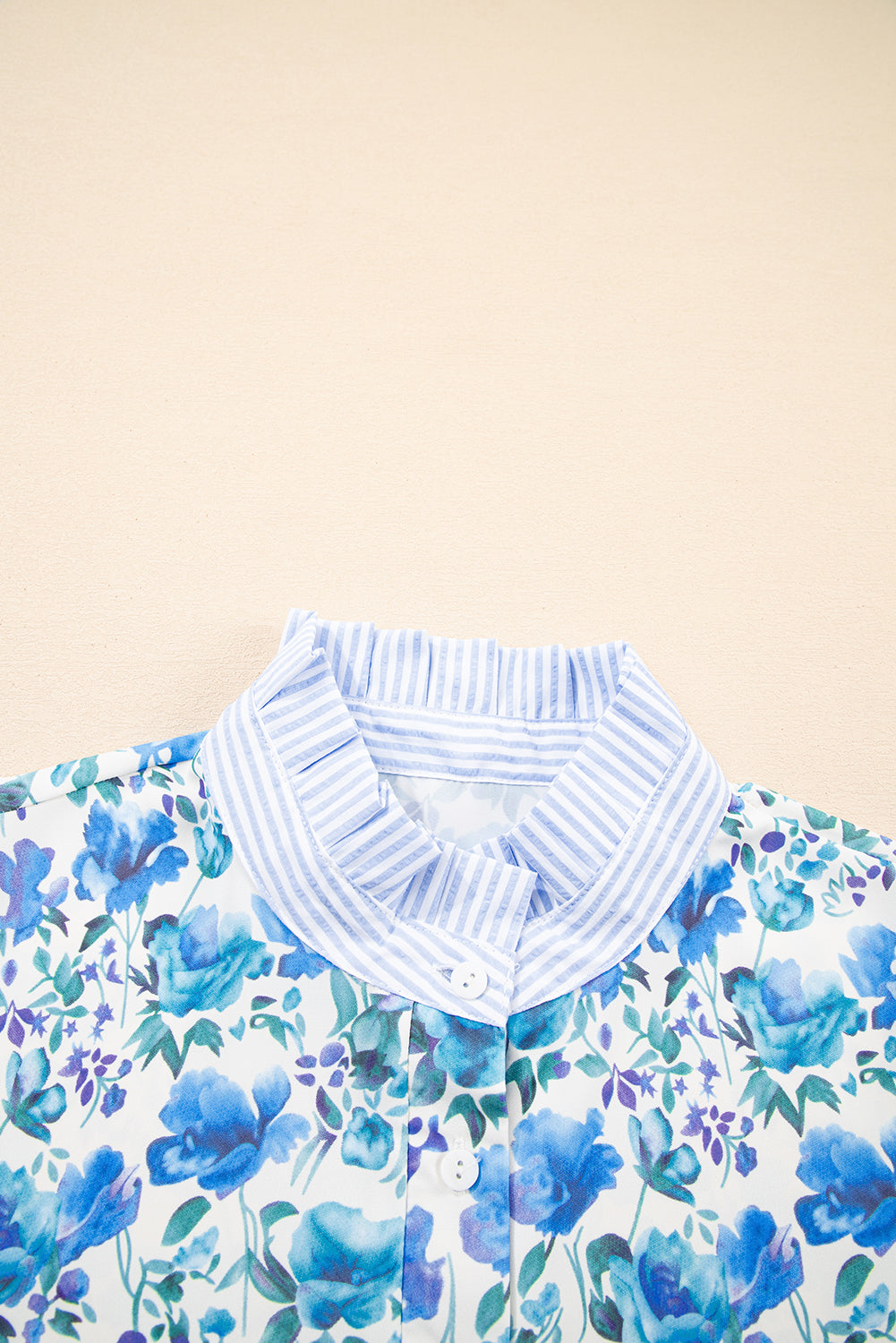 Blue Floral Print Striped Patchwork Collared Short Sleeve Blouse eAura