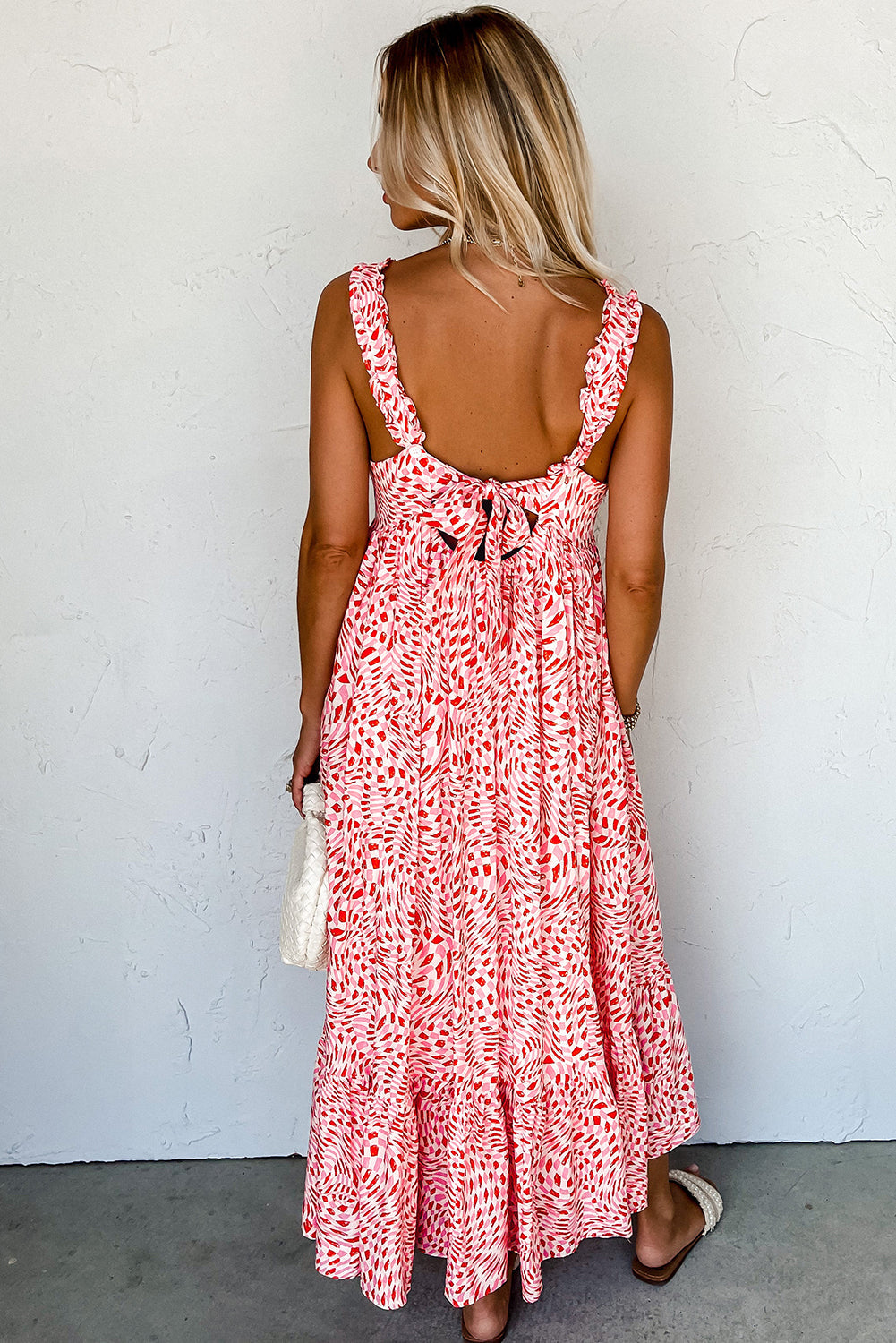 Pink Geometric Print Knot Back Sleeveless Ruffle Hem Dress eAura