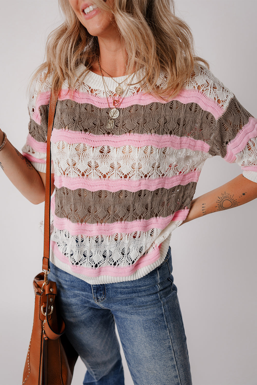 Brown Stripe Colour Block Hollow Out Crochet Half Sleeve Sweater eAura