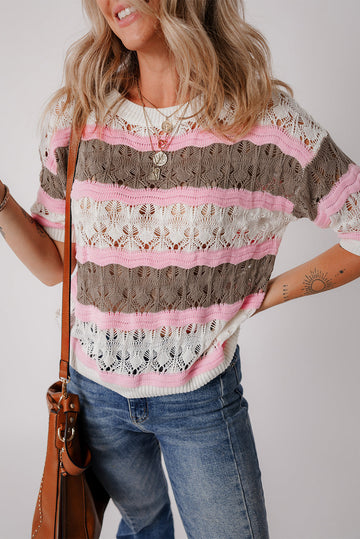 Brown Stripe Colour Block Hollow Out Crochet Half Sleeve Sweater eAura