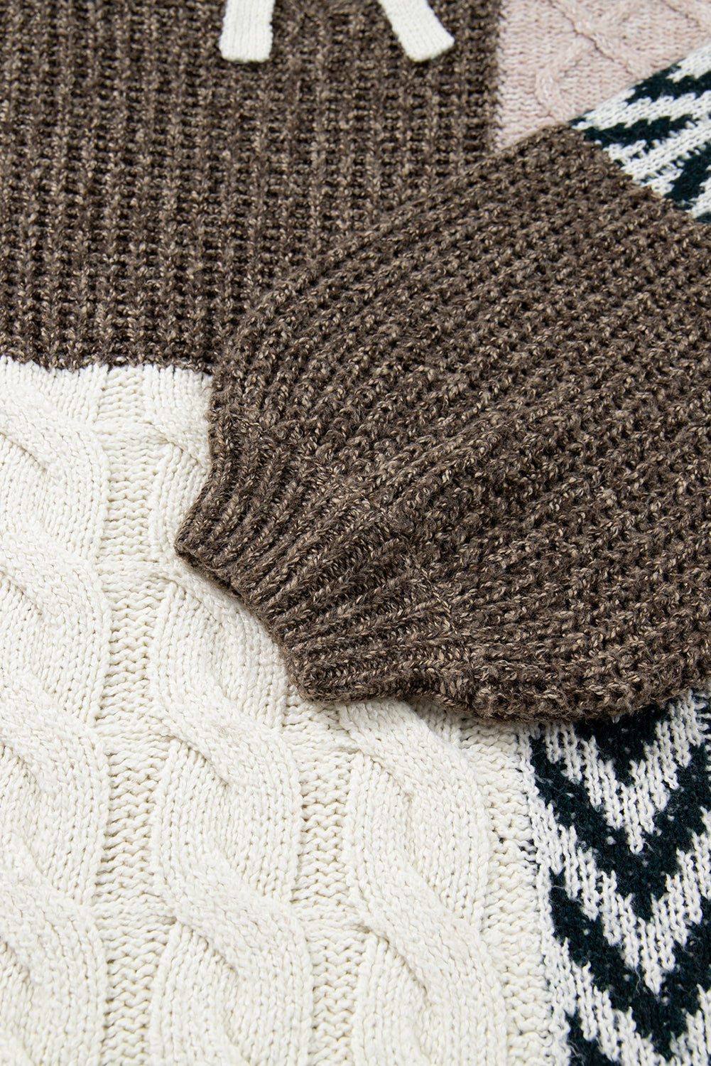 Brown Plus Size Color Block Patchwork Knotted Back Loose Fit Sweater - eAura