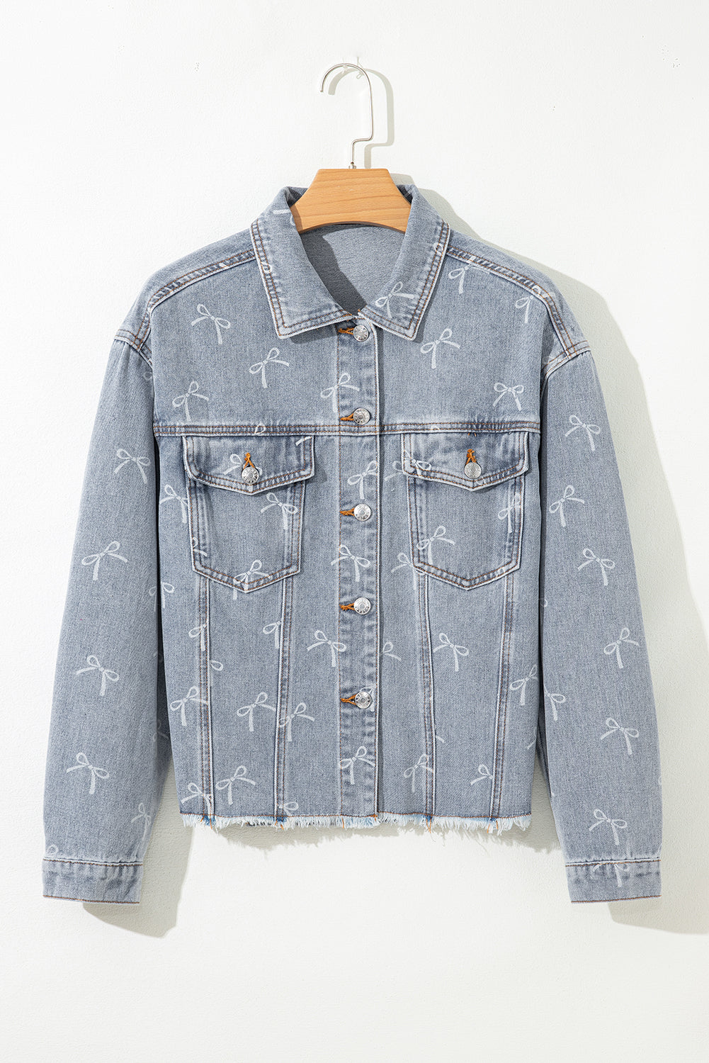 Sky Blue Bow Knot Print Light Wash Raw Hem Denim Jacket Dear-Lover Dropshipping