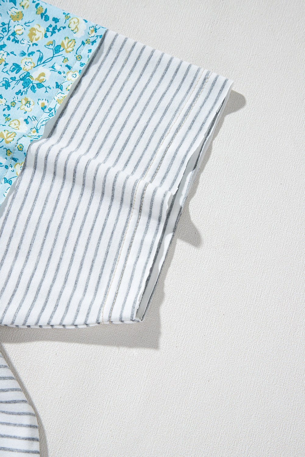 White Stripe Floral Insert Sleeves Contrast Round Neck Tee - eAura