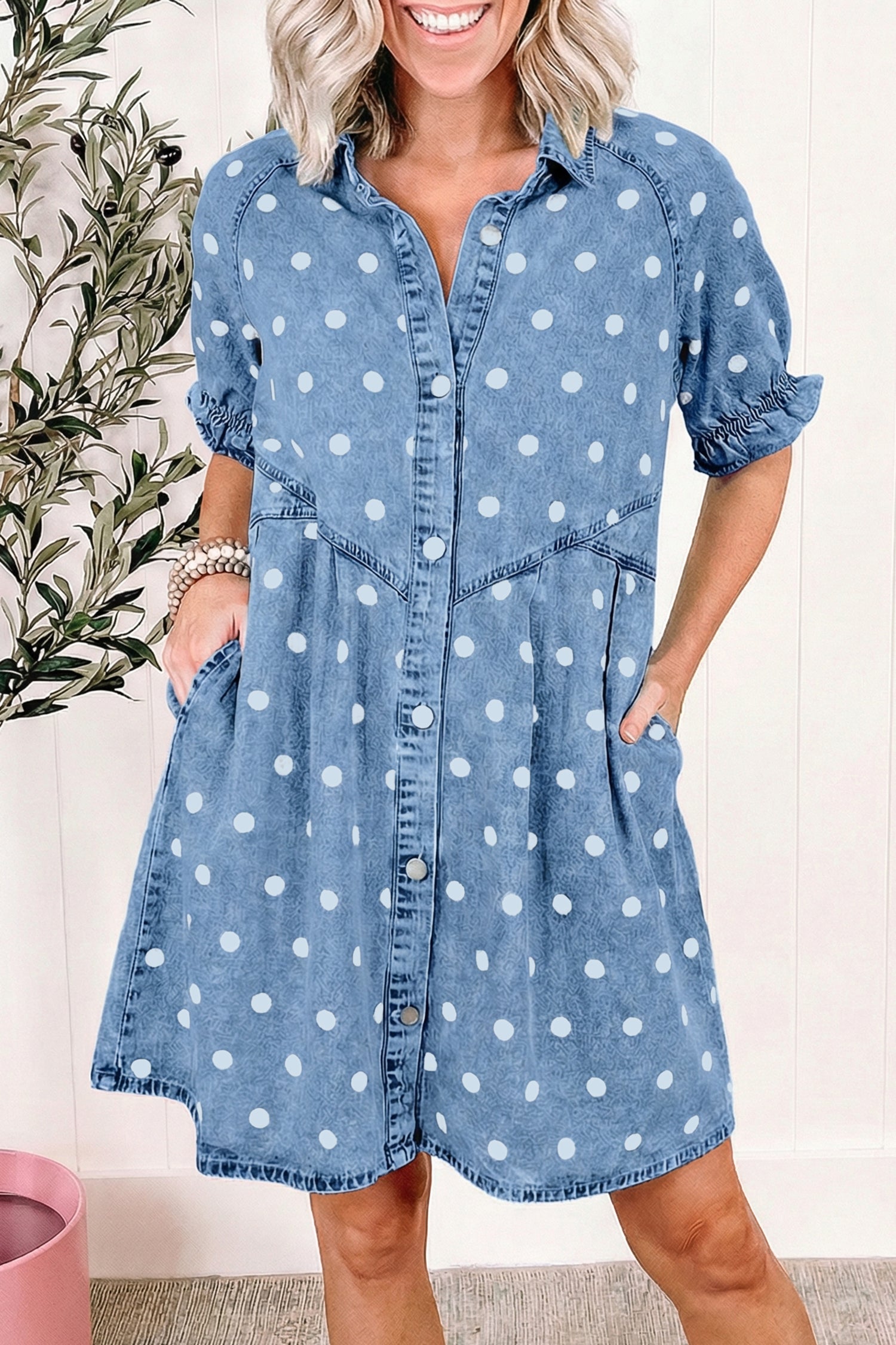 Polka Dot Print Ruffled Short Puff Sleeve Button Down Loose Denim Dress