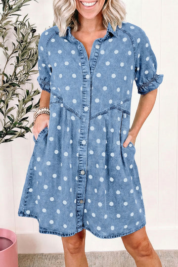Polka Dot Print Ruffled Short Puff Sleeve Button Down Loose Denim Dress