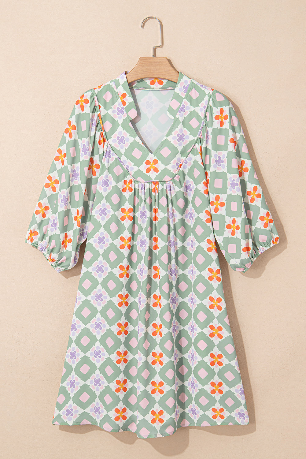 Green Geometric Floral Print 3/4 Sleeve Notched Neck Mini Dress eAura
