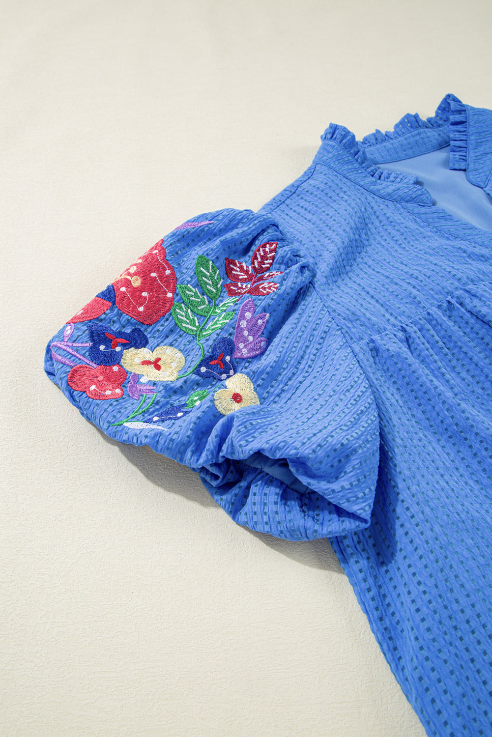 Sky Blue Plus Size Floral Embroidered Puff Sleeve Gingham Mini Dress BB Fashion Outlet