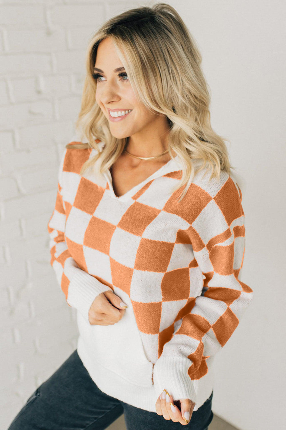 Gold Flame Checkered Split Neck Contrast Kangaroo Pocket Hoodie Sweater eAura