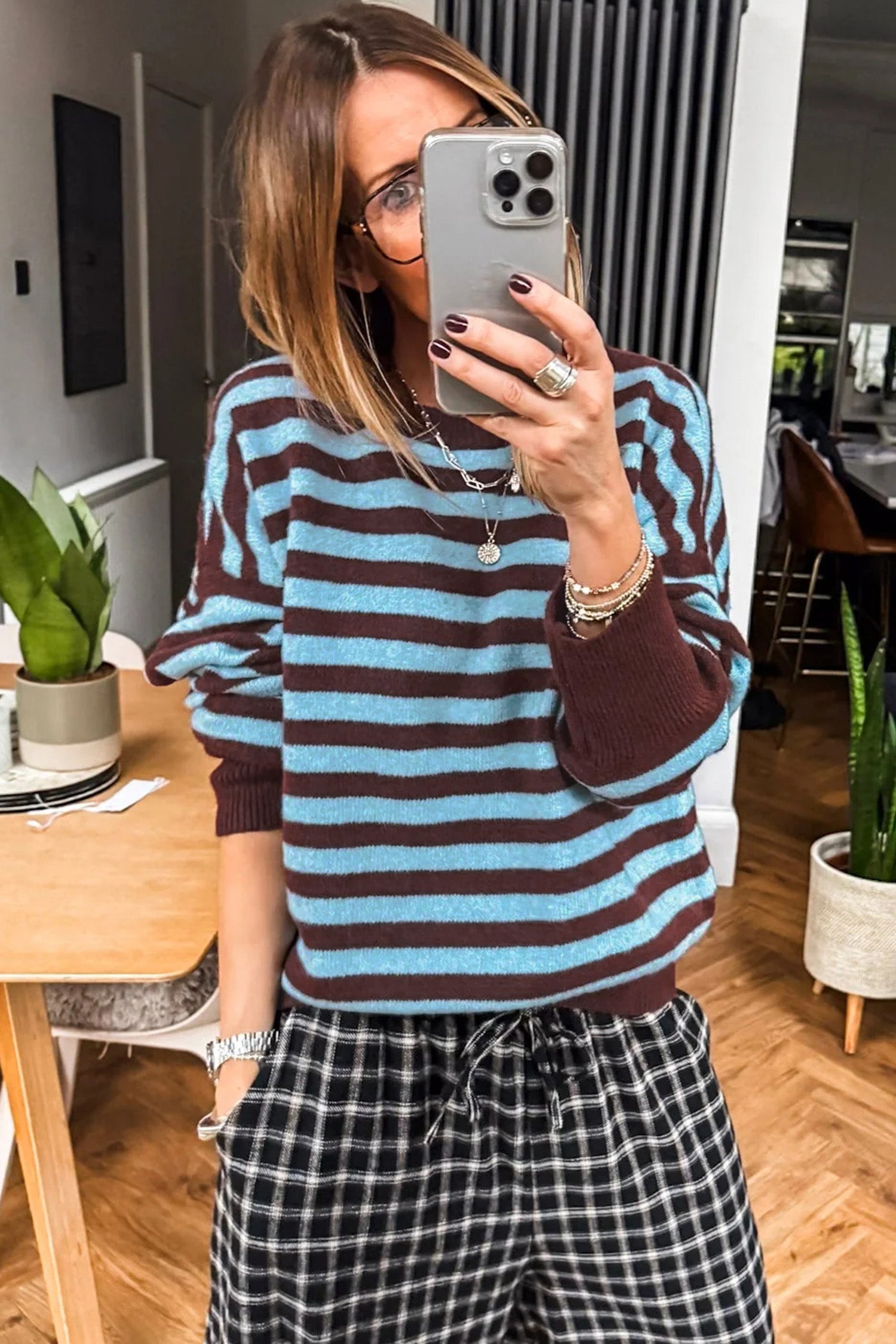 Color Block Loose Crew Neck Cuffed Sweater – Brown Stripe