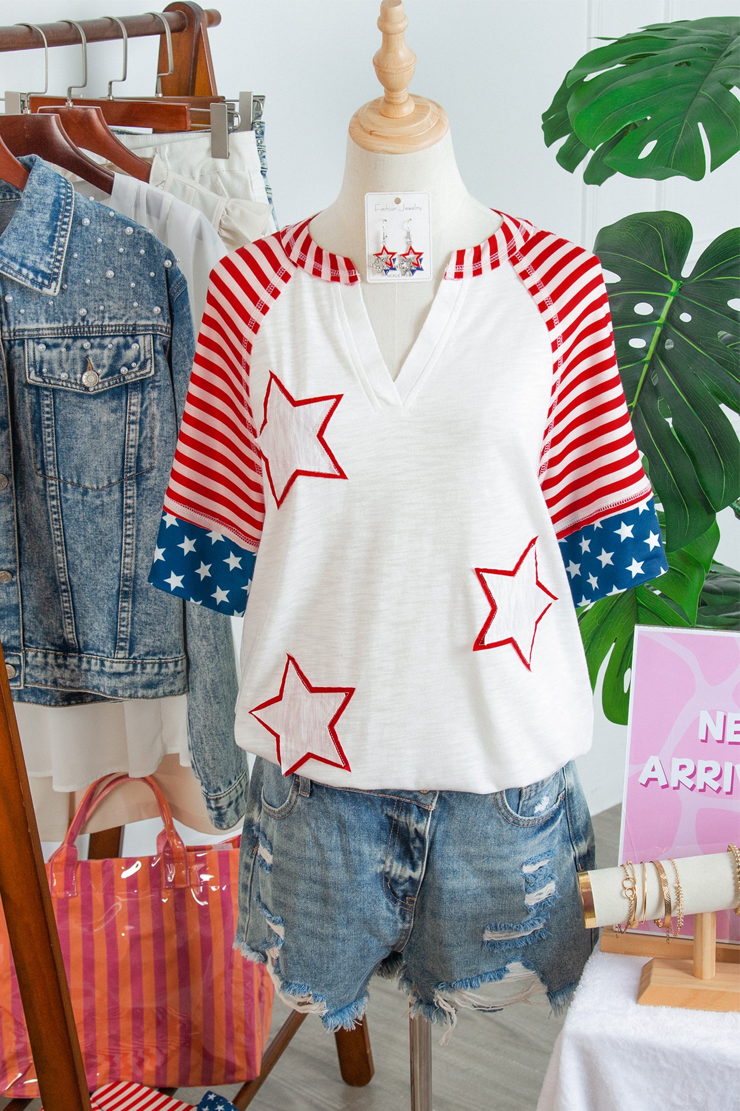 Star Detail Flag Inspired Short Sleeve Top – Fiery Red