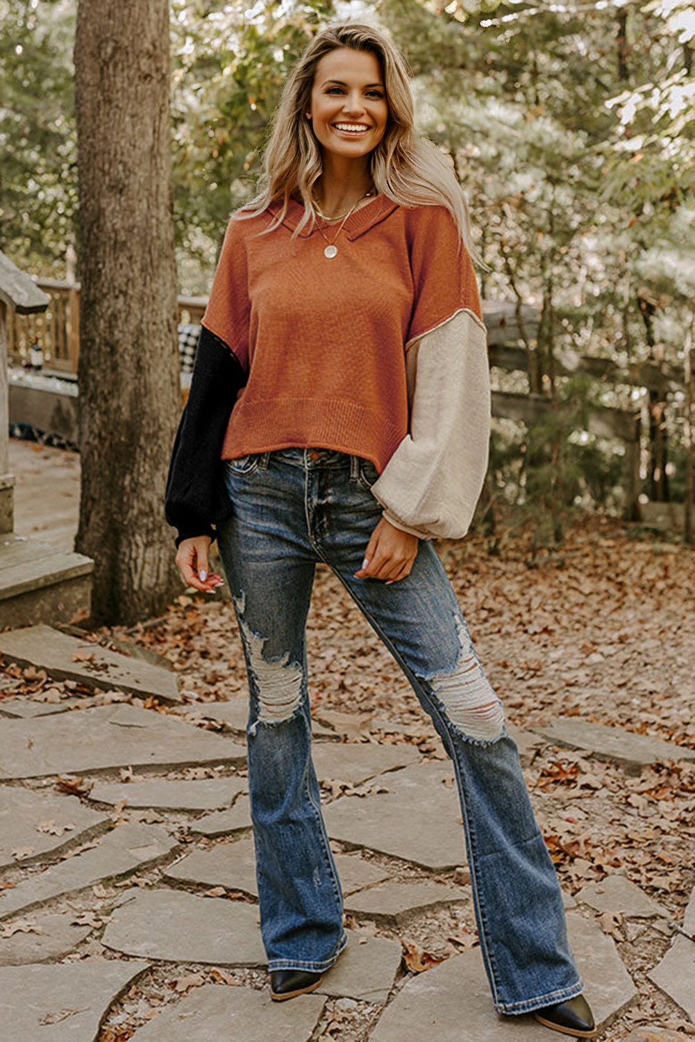 Colourblock Raw Edge Bubble Sleeve V-Neck Oversized Sweater - Sweaters & Cardigans/Sweaters