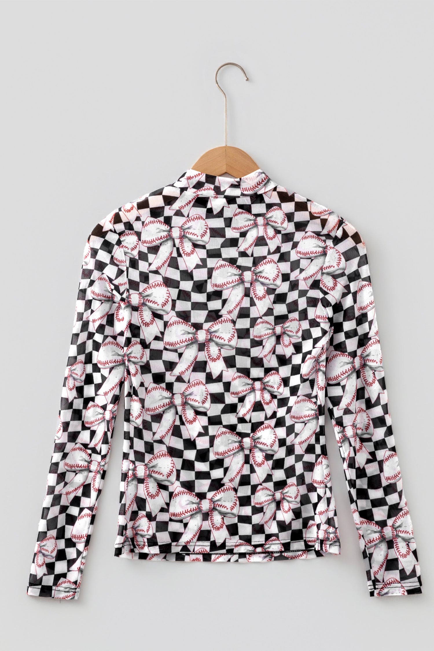 Checkered Baseball Bow Print High Neck Long Sleeve Mesh Top – Black