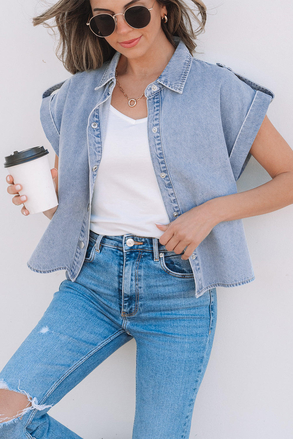 Dusk Blue Denim Pinup Folded Cap Sleeve Shirt eAura