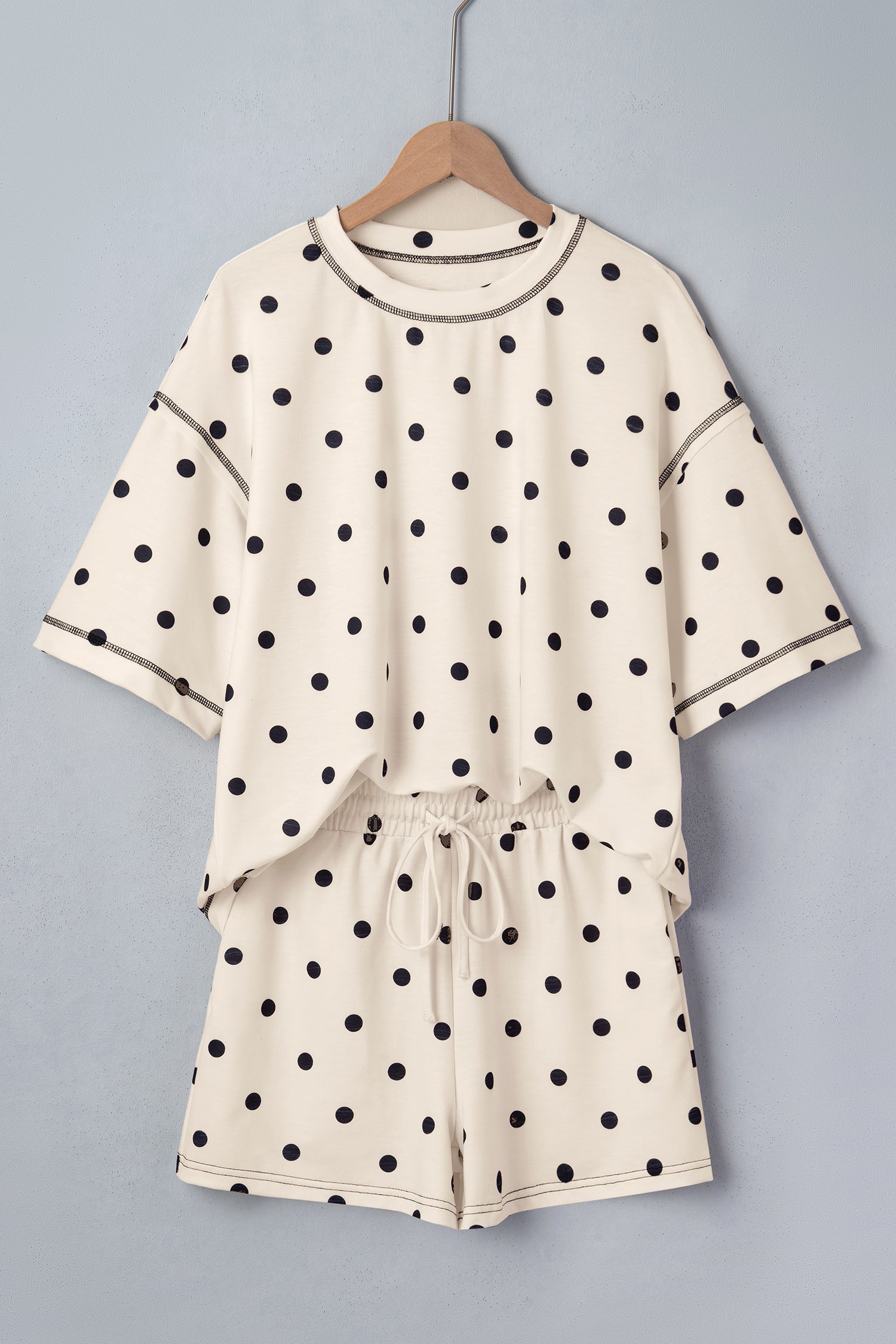 Exposed Seam Detail Polka Dot Loose Tee Drawstring Shorts Set – White