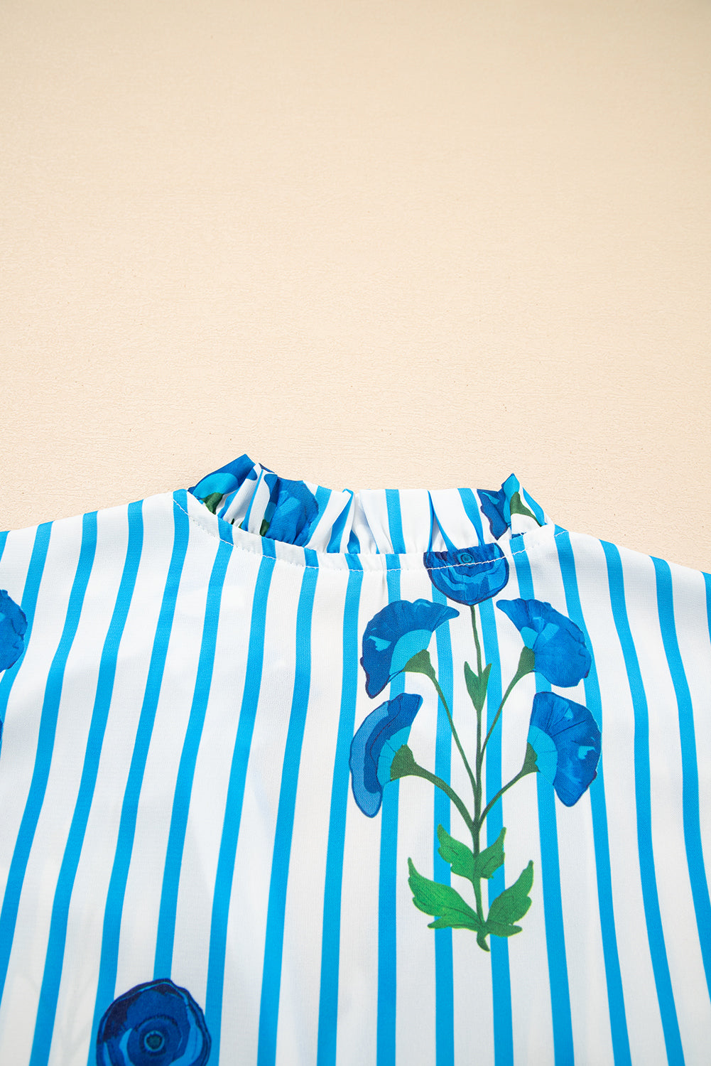 Sky Blue Stripe Floral Buttoned Frilly Notched Neck Puff Sleeve Summer Blouse eAura
